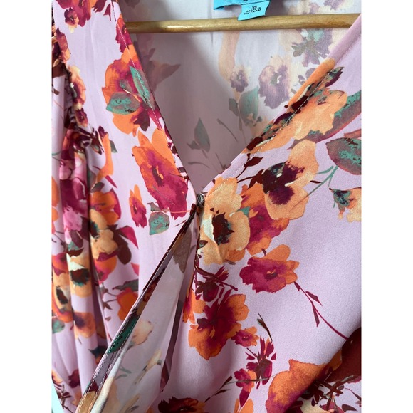 CeCe Pink Floral Bishop Sleeve Smocked Waist V Neck Blouse Top XS - Picture 4 of 6